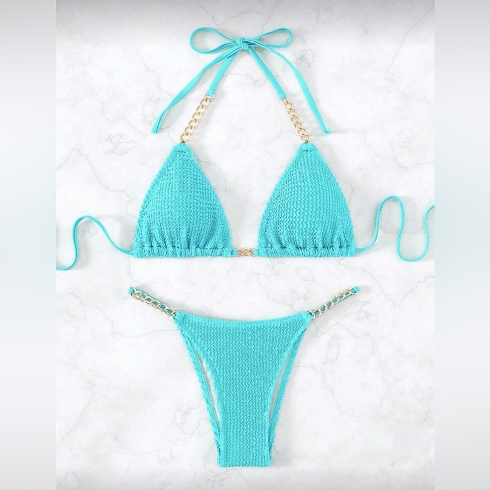 Turquoise Chain-Detail Bikini Set